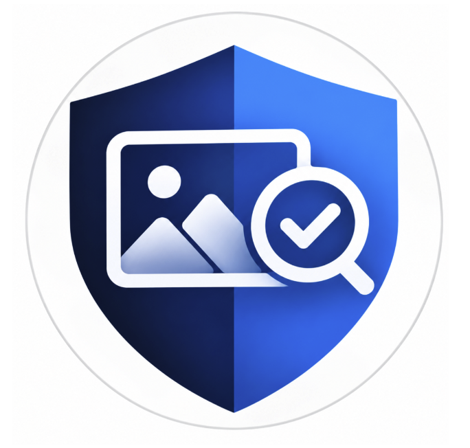 Authenticheck logo: blue shield with an image and magnifying glass check mark